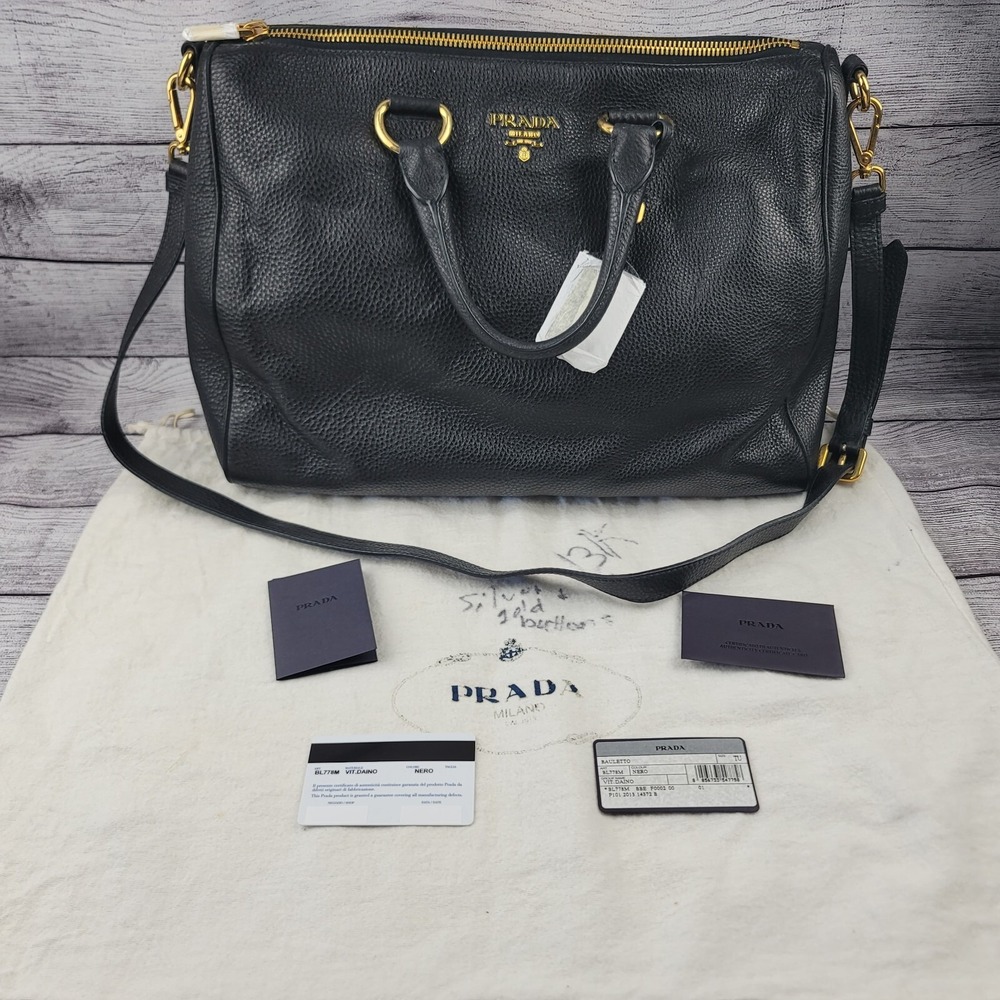 Prada Bauletto Vitello Daino Black Pebbled Leather Satchel Bag BL778M Nero Gold